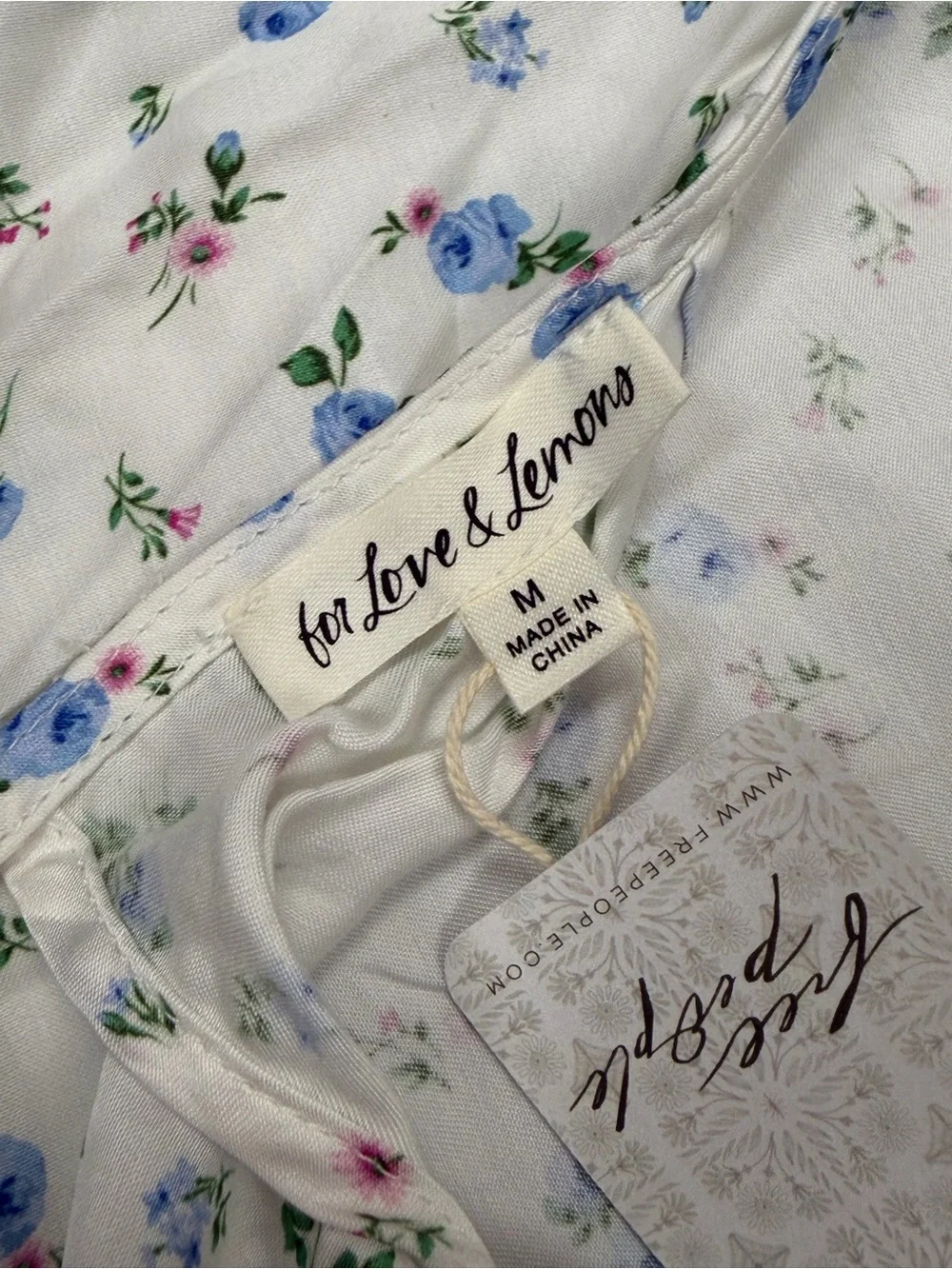 Free People For Love & Lemons Blue Floral Puff-Sleeve Dress w/ Polka Dot Bow
